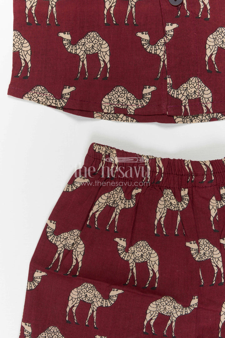 The Nesavu Boys Casual Set Boys Printed Co Ord Set for Casual Outings and Everyday Wear Nesavu Nesavu Boys Cotton Co Ord Set For Casual Wear With Camel Print Shirt And Shorts Summer Outfit