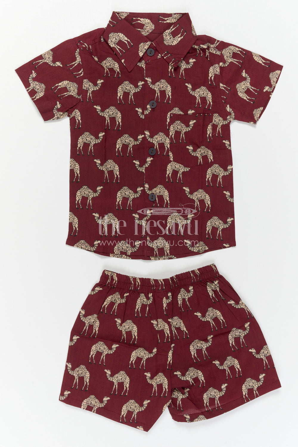 The Nesavu Boys Casual Set Boys Printed Co Ord Set for Casual Outings and Everyday Wear Nesavu Nesavu Boys Cotton Co Ord Set For Casual Wear With Camel Print Shirt And Shorts Summer Outfit