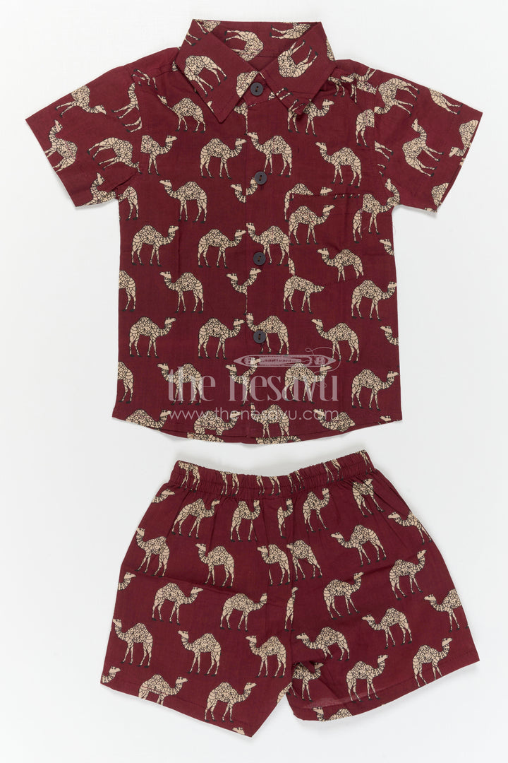 The Nesavu Boys Casual Set Boys Printed Co Ord Set for Casual Outings and Everyday Wear Nesavu Nesavu Boys Cotton Co Ord Set For Casual Wear With Camel Print Shirt And Shorts Summer Outfit