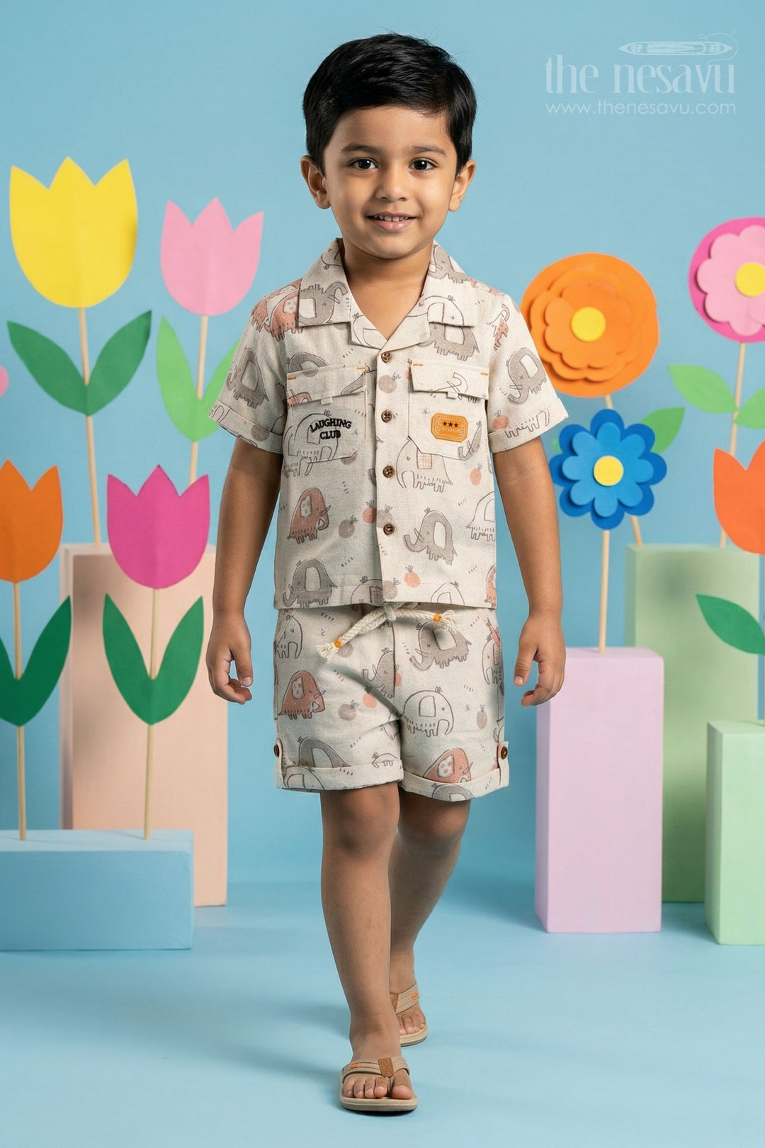 The Nesavu Boys Casual Set Boys Printed Co Ord Set for Casual Outings and Playtime Nesavu 16 (1Y) / Cream / Cotton BCS584B-16 Nesavu boys cotton printed co ord set for casual outings and playtime with breathable fabric and fun design
