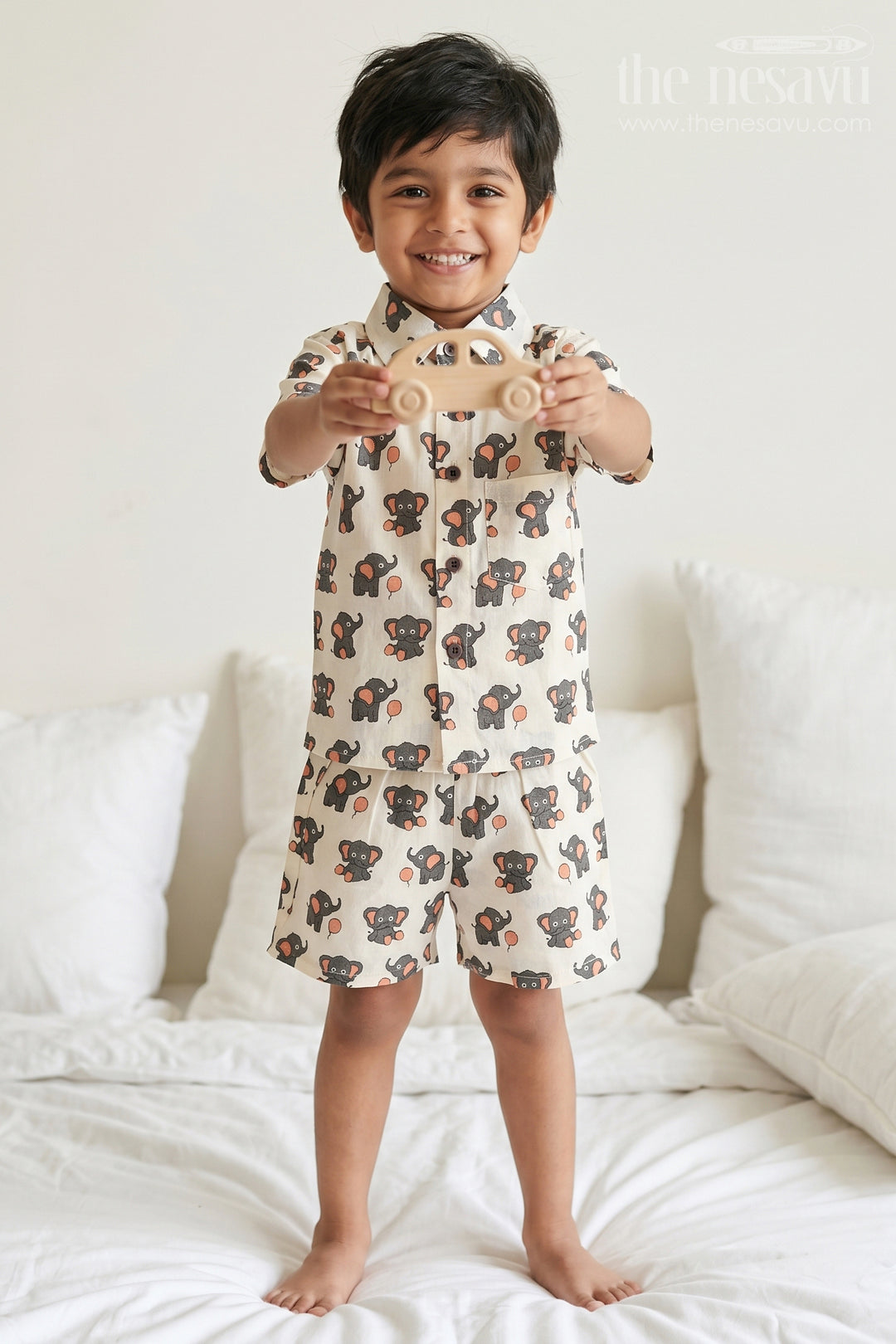 The Nesavu Boys Casual Set Boys Printed Co Ord Set for Casual Wear and Daily Outings Nesavu 16 (1Y) / Cream / Cotton BCS611A-16 Nesavu Boys Cotton Co Ord Set For Casual Wear With Digital Print Shirt And Shorts Everyday Outfit