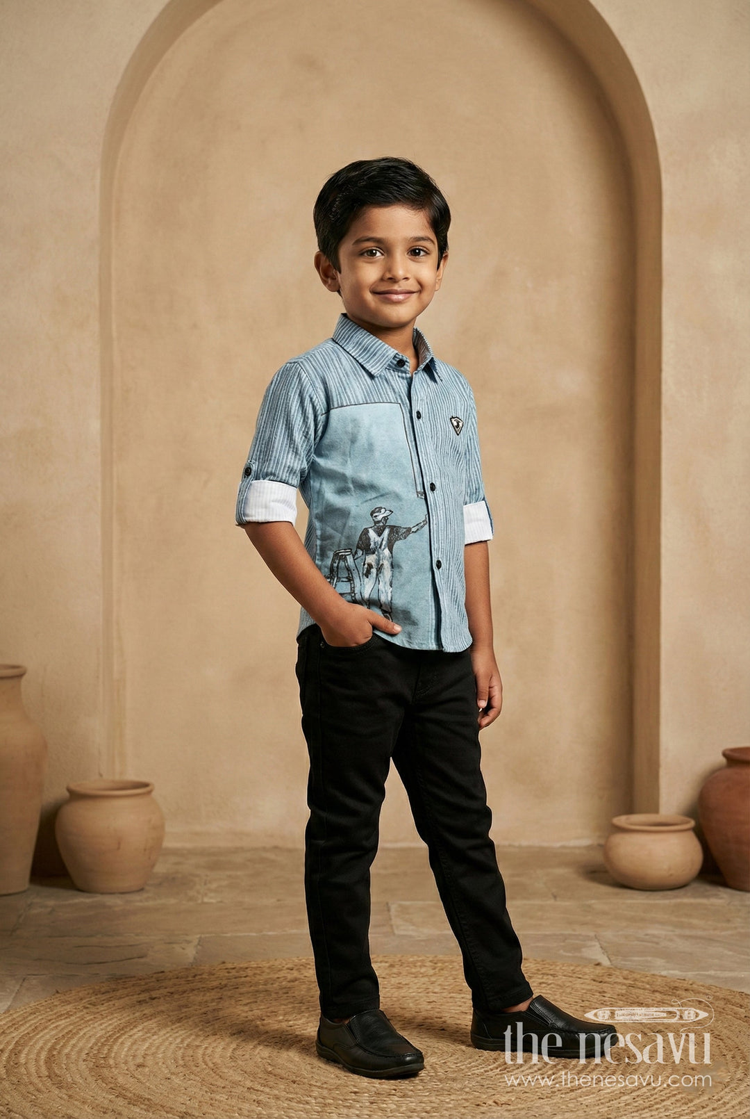 The Nesavu Boys Casual Set Boys Printed Cotton Casual Set with Jeans-Style Trousers Everyday Smart Wear Nesavu 16 (1Y) / Blue BES902A-16 Nesavu boys digitally printed cotton casual wear  trendy shirt pants combo