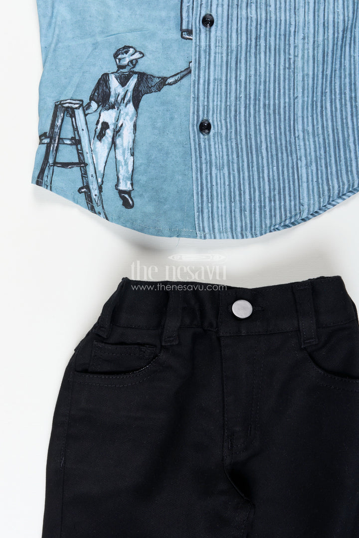 The Nesavu Boys Casual Set Boys Printed Cotton Casual Set with Jeans-Style Trousers Everyday Smart Wear Nesavu Nesavu boys digitally printed cotton casual wear  trendy shirt pants combo