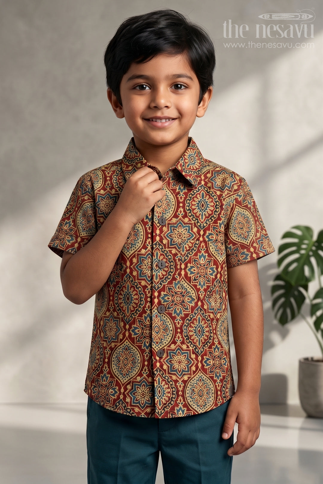 The Nesavu Boys Cotton Shirt Boys Printed Cotton Shirt for Casual Outings and Vacation Wear Nesavu 20 (3Y) / Green / Cotton BS496B-20 Nesavu Boys Cotton Printed Shirt With Geometric Digital Print For Casual And Festive Outings