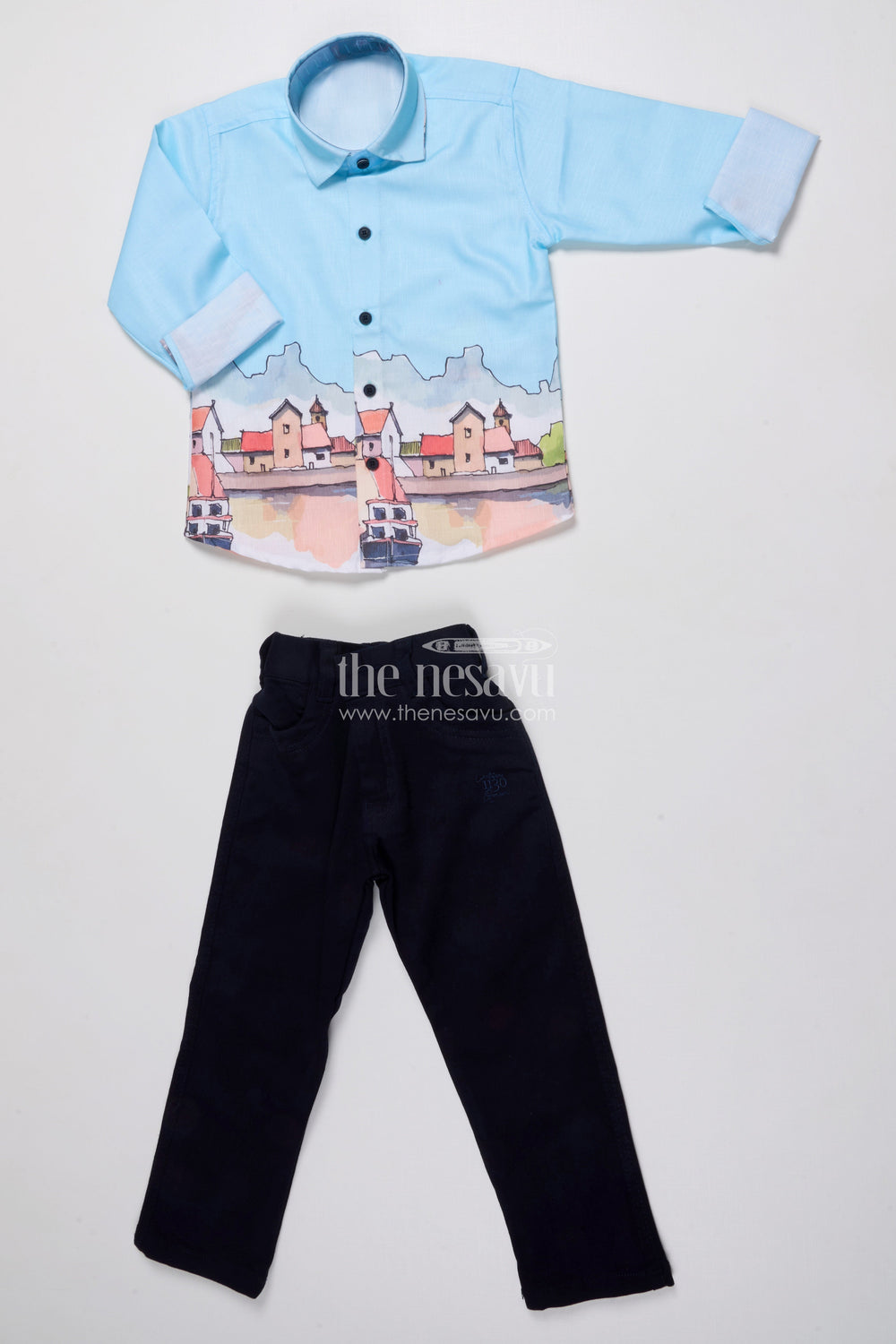The Nesavu Boys Casual Set Boys Printed Kurta Set for Birthday Parties and Ethnic Outings Nesavu 20 (3Y) / Blue BCS498B-20 Nesavu boys kurta set artistic digital print cotton birthday festive dressing