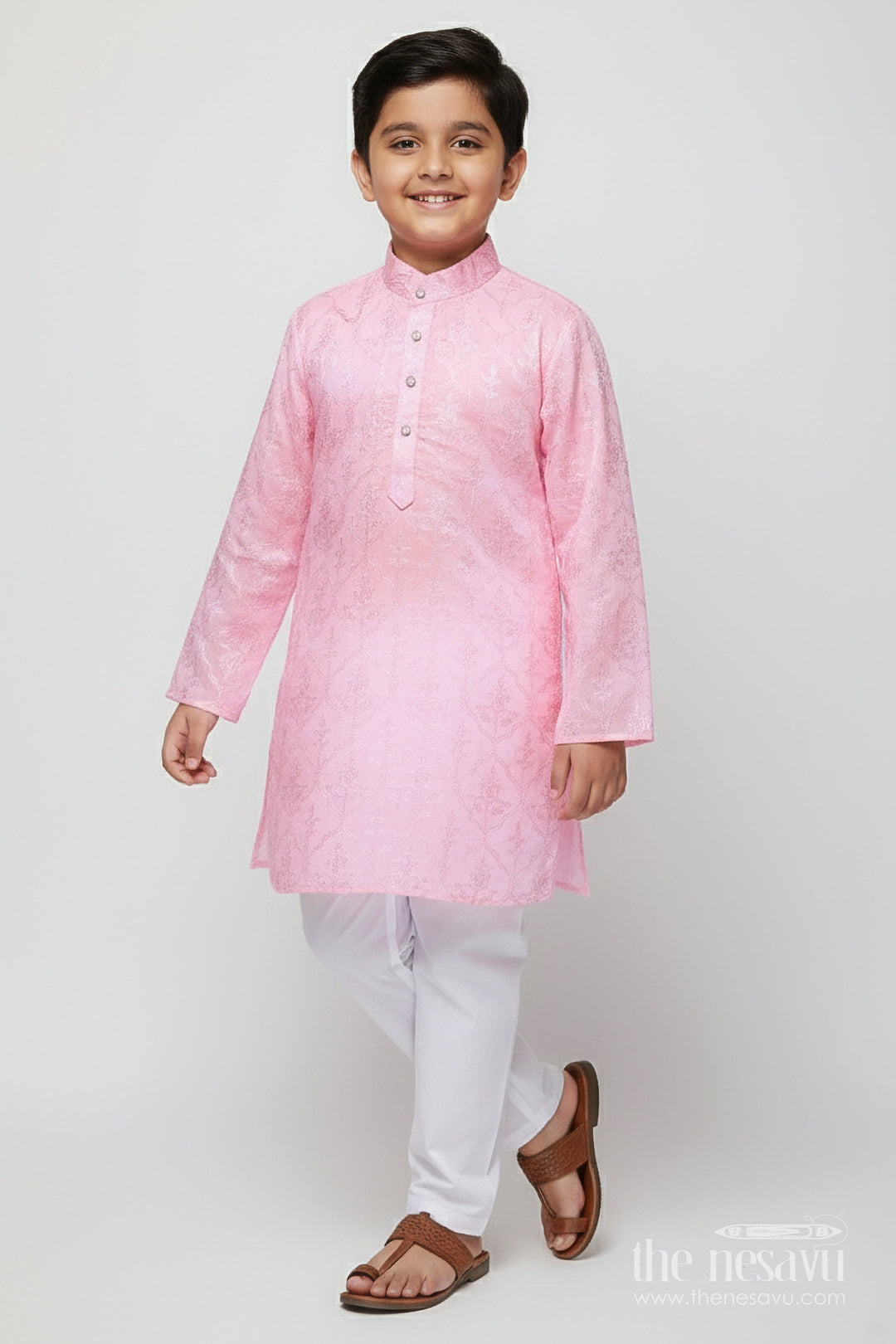 The Nesavu Boys Kurtha Set Boys Printed Kurta Set with Embroidery for Weddings and Ethnic Functions Nesavu 22 (4Y) / Pink BES929A-22 Nesavu boys digital print kurta set embroidery silk blend festive outfit weddings special occasions