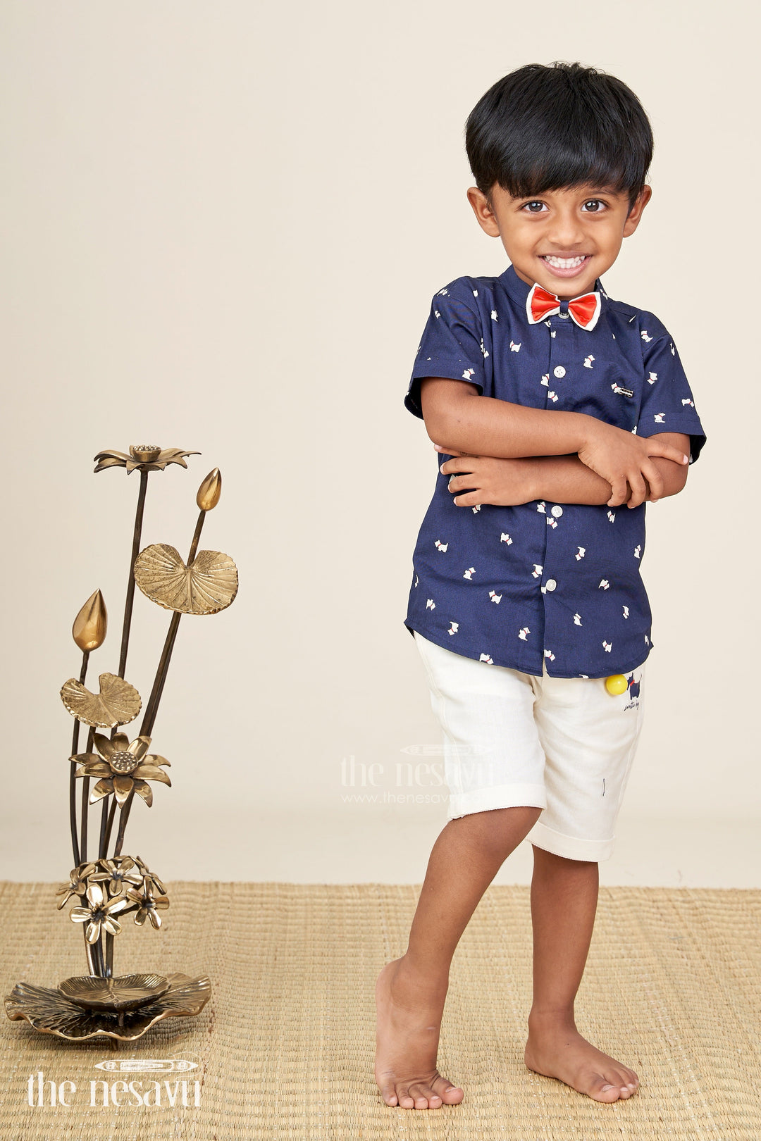 The Nesavu Boys Casual Set Boys printed navy shirt and shorts set with bowtie detail Nesavu Nesavu boys cotton partywear set navy printed shirt bowtie  perfect birthdays