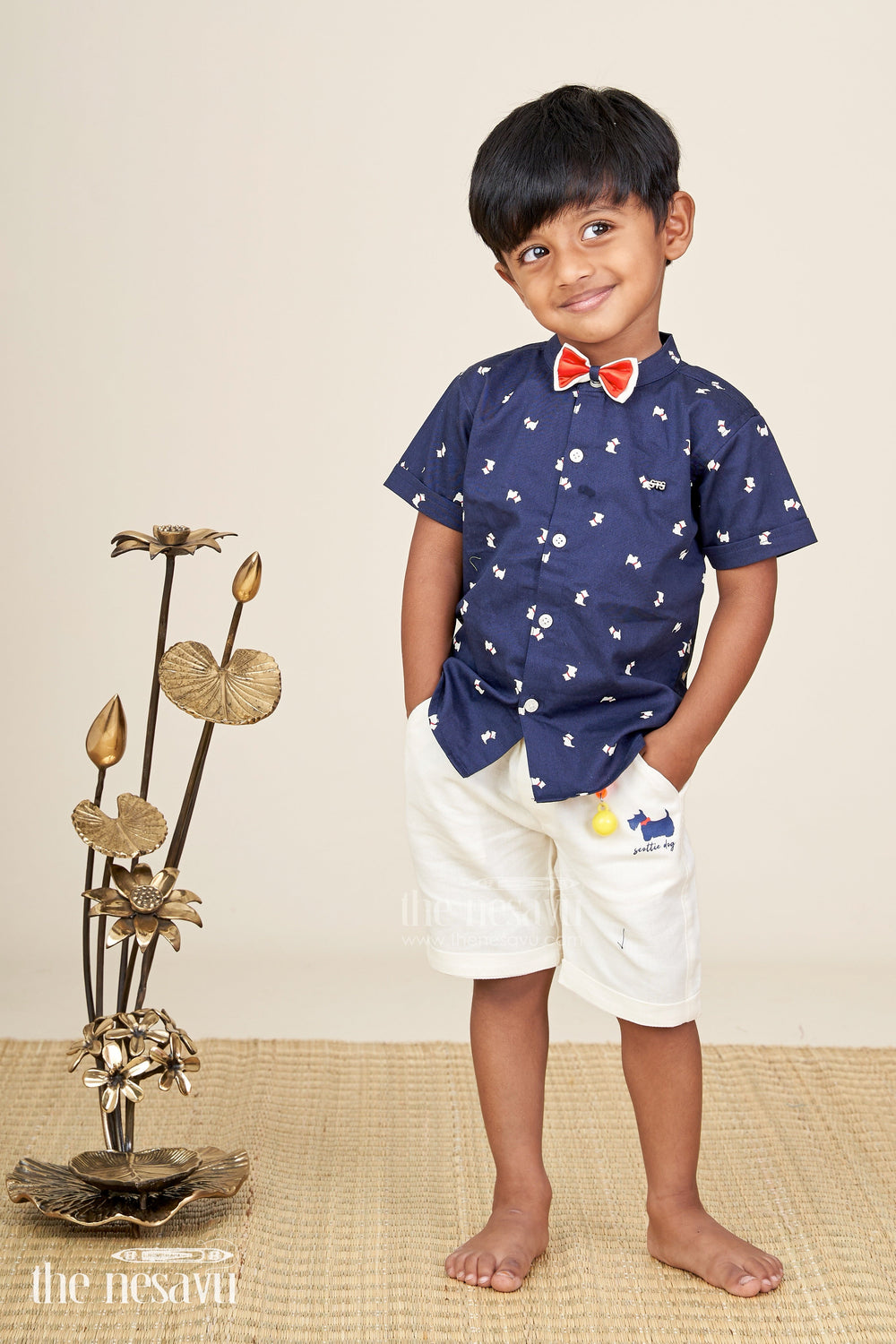 The Nesavu Boys Casual Set Boys printed navy shirt and shorts set with bowtie detail Nesavu Nesavu boys cotton partywear set navy printed shirt bowtie  perfect birthdays