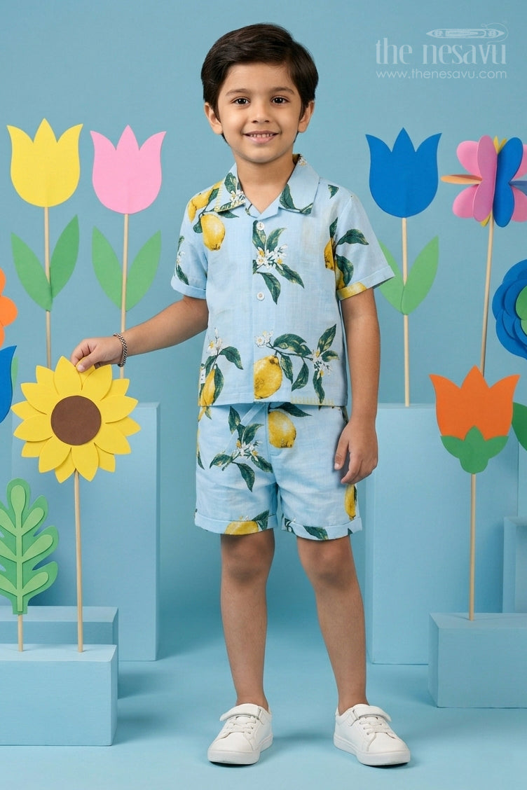 The Nesavu Boys Casual Set Boys Printed Shirt and Shorts Set for Summer Outings and Vacations Nesavu 16 (1Y) / Blue / Cotton BCS585A-16 Nesavu boys cotton printed shirt and shorts set for summer outings and vacations with breathable comfort fit