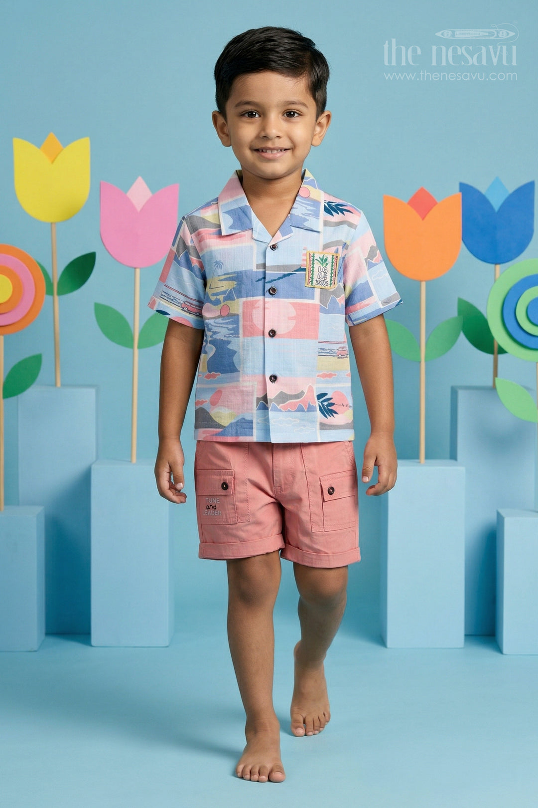 The Nesavu Boys Casual Set Boys Printed Shirt and Shorts Set for Vacations and Casual Wear Nesavu 16 (1Y) / Blue / Cotton BCS582A-16 Nesavu boys printed shirt and shorts set for vacations and casual wear with breathable cotton and playful design