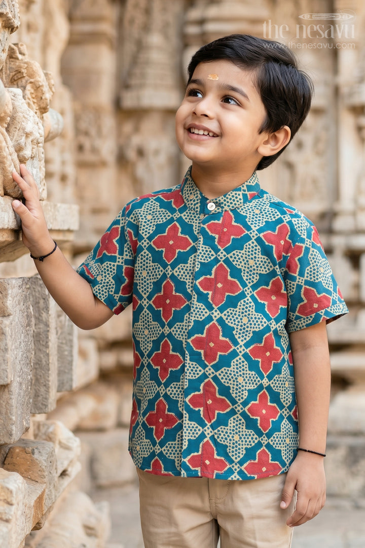 The Nesavu Boys Cotton Shirt Boys Printed Shirt for Festive Holiday Outings Nesavu 16 (1Y) / Turquoise / Viscose Silk BS517A-16 Nesavu Boys Printed Shirt For Festive Holiday Outings With Viscose Modal Cotton Comfort