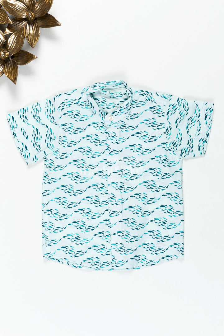 The Nesavu Boys Cotton Shirt Boys Printed Shirt in Soft Cotton with Blue Ocean Wave Motif and Digital Fish Pattern for Playful Styling Nesavu 16 (1Y) / Blue BS281A-16 Nesavu Boys Printed Shirt Cotton Blue Ocean Fish Digital Print Light Comfortable Fabric