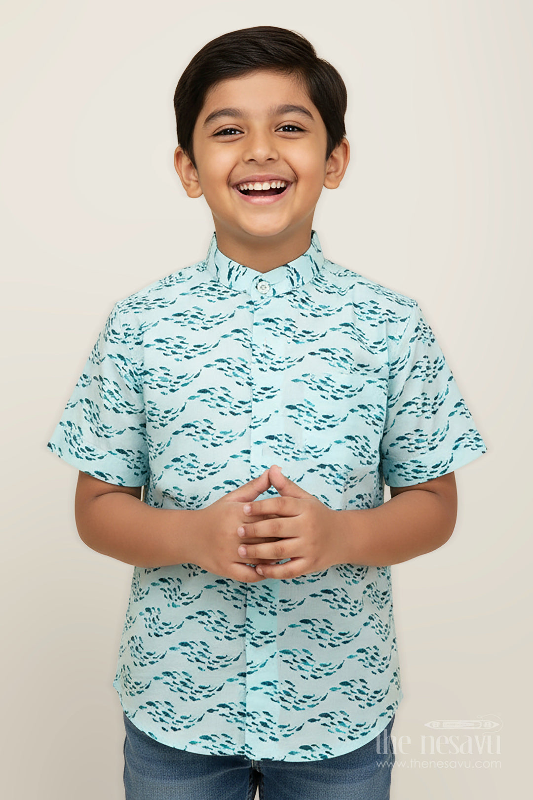 The Nesavu Boys Cotton Shirt Boys Printed Shirt in Soft Cotton with Blue Ocean Wave Motif and Digital Fish Pattern for Playful Styling Nesavu 16 (1Y) / Blue BS281A-16 Nesavu Boys Printed Shirt Cotton Blue Ocean Fish Digital Print Light Comfortable Fabric