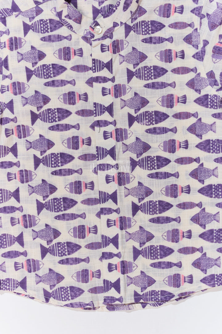 The Nesavu Boys Cotton Shirt Boys Printed Shirts Half Sleeves in Soft Cotton with Bold Fish Patterns for Playful Styling Nesavu Nesavu Boys Cotton Printed Half Sleeves Shirt Bold Fish Patterns Trendy Looks
