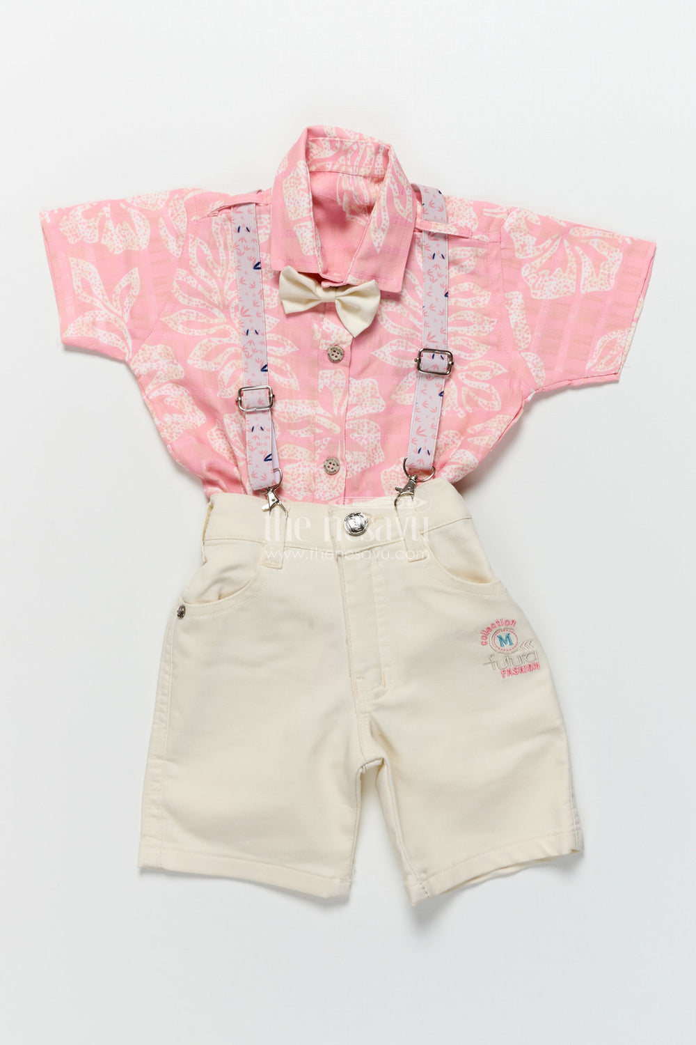 The Nesavu Boys Casual Set Boys Printed Suspender Set for Birthday Parties and Festive Functions Nesavu Nesavu boys digital print suspender outfit bow tie festive birthdays photo shoots