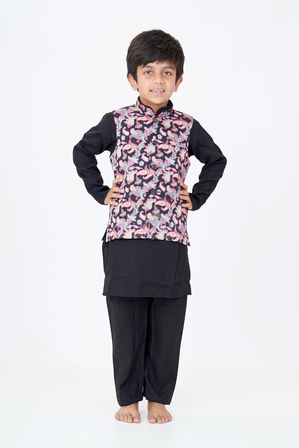 The Nesavu Boys Kurtha Set Boys Pure Black Kurta Set with Silk Blend Fabric and Vibrant Digital Printed Nehru Jacket Nesavu Nesavu Boys Pure Black Kurta Set Paisley Digital Print Jacket Silk Blend