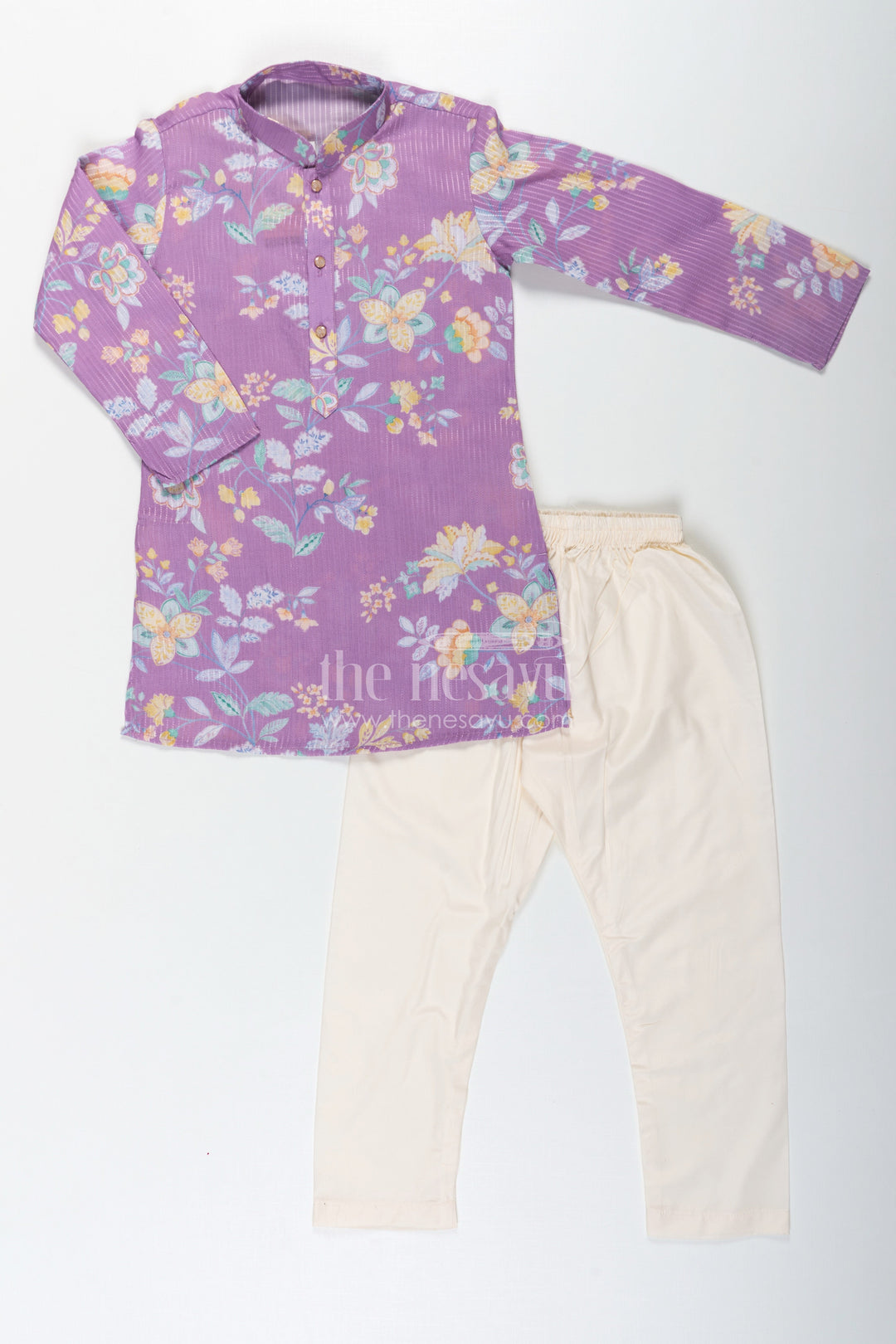 The Nesavu Boys Kurtha Set Boys Purple Kurta Pajama in Cotton Blend with Floral Digital Print and Cream Bottom Nesavu 18 (2Y) / Purple BES683A-18 Nesavu Boys Purple Kurta Pajama Set Floral Digital Print Cream Contrast Pants