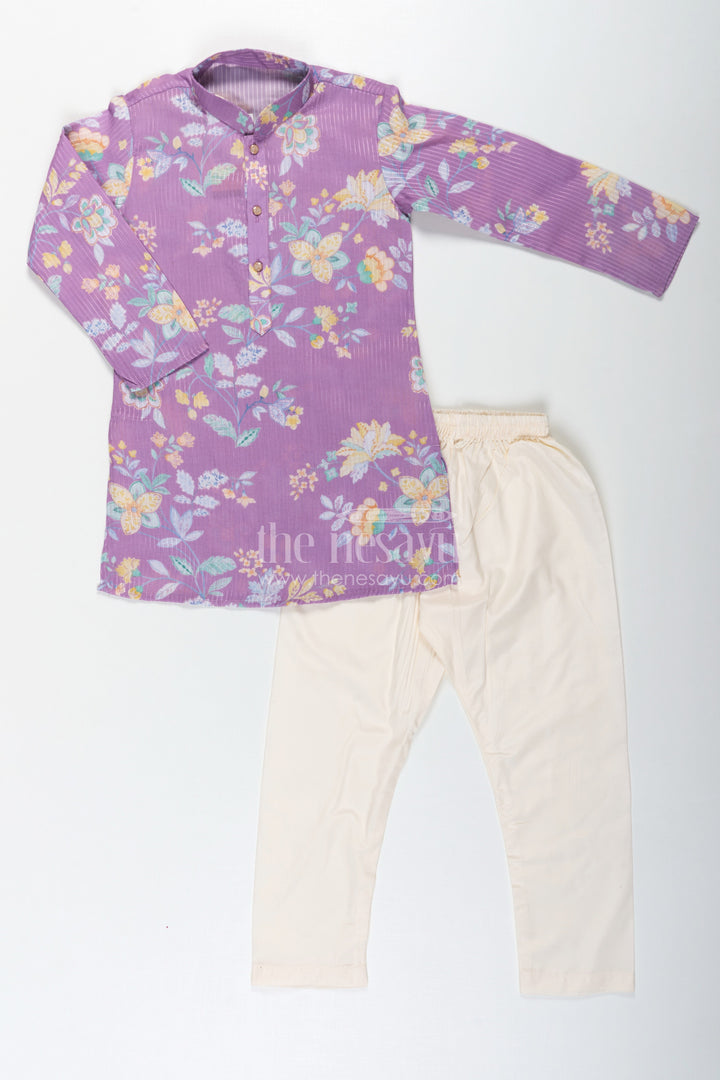 The Nesavu Boys Kurtha Set Boys Purple Kurta Pajama in Cotton Blend with Floral Digital Print and Cream Bottom Nesavu 18 (2Y) / Purple BES683A-18 Nesavu Boys Purple Kurta Pajama Set Floral Digital Print Cream Contrast Pants