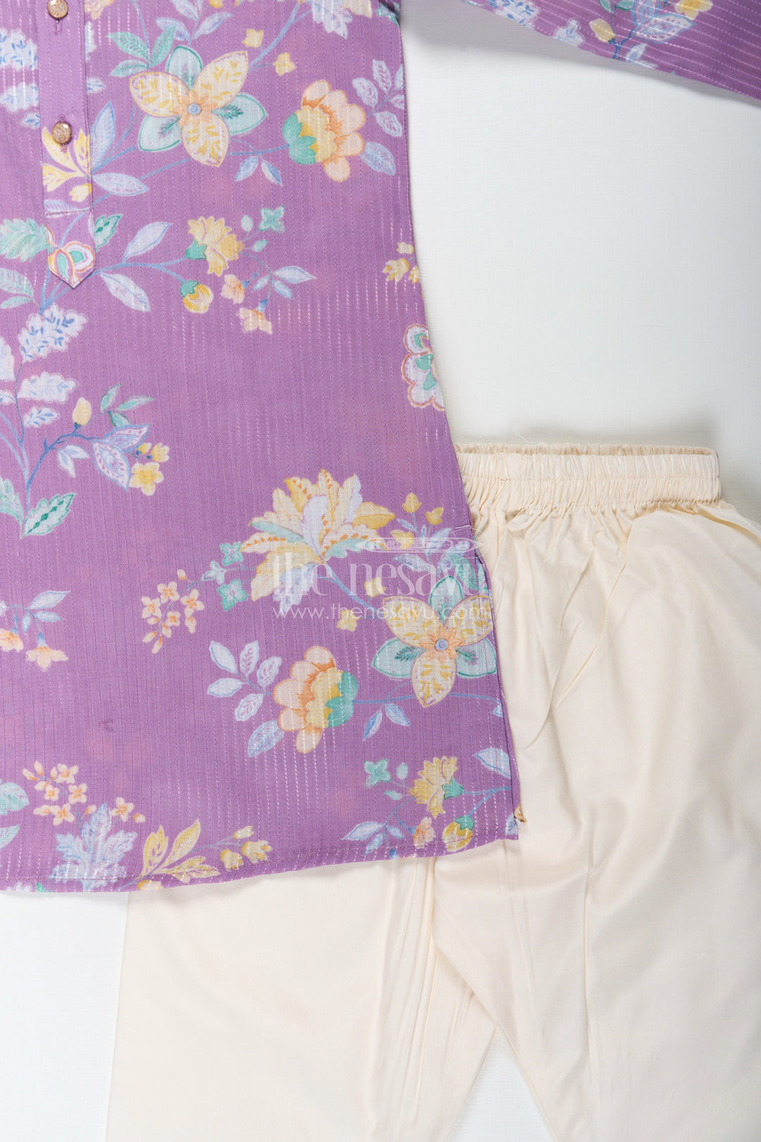 The Nesavu Boys Kurtha Set Boys Purple Kurta Pajama in Cotton Blend with Floral Digital Print and Cream Bottom Nesavu Nesavu Boys Purple Kurta Pajama Set Floral Digital Print Cream Contrast Pants