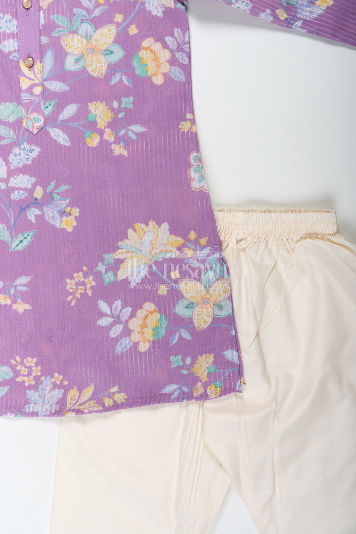 The Nesavu Boys Kurtha Set Boys Purple Kurta Pajama in Cotton Blend with Floral Digital Print and Cream Bottom Nesavu Nesavu Boys Purple Kurta Pajama Set Floral Digital Print Cream Contrast Pants
