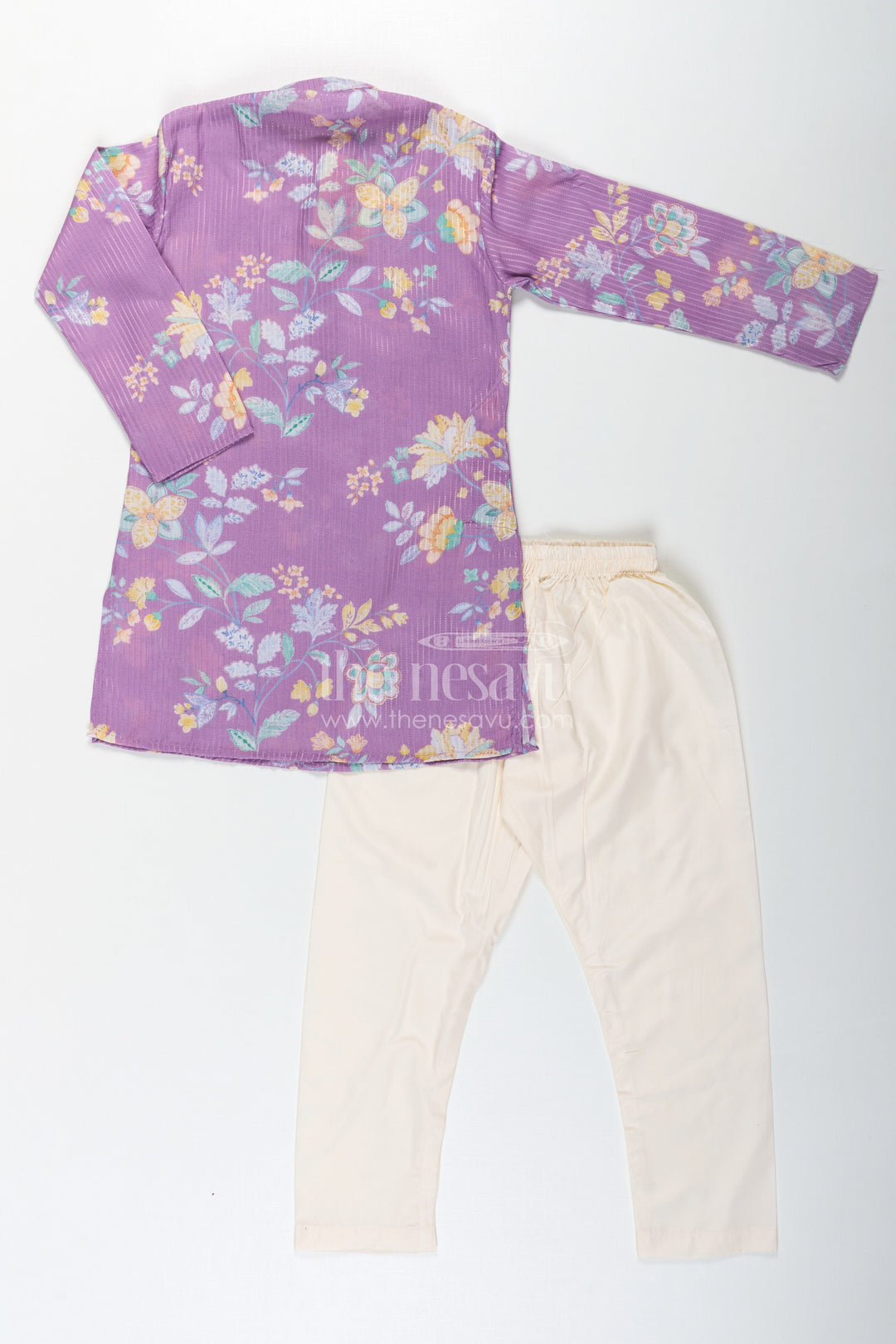 The Nesavu Boys Kurtha Set Boys Purple Kurta Pajama in Cotton Blend with Floral Digital Print and Cream Bottom Nesavu Nesavu Boys Purple Kurta Pajama Set Floral Digital Print Cream Contrast Pants
