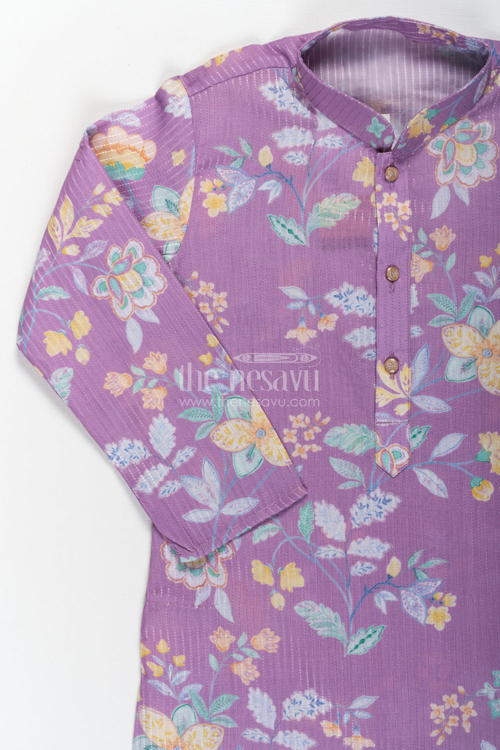 The Nesavu Boys Kurtha Set Boys Purple Kurta Pajama in Cotton Blend with Floral Digital Print and Cream Bottom Nesavu Nesavu Boys Purple Kurta Pajama Set Floral Digital Print Cream Contrast Pants