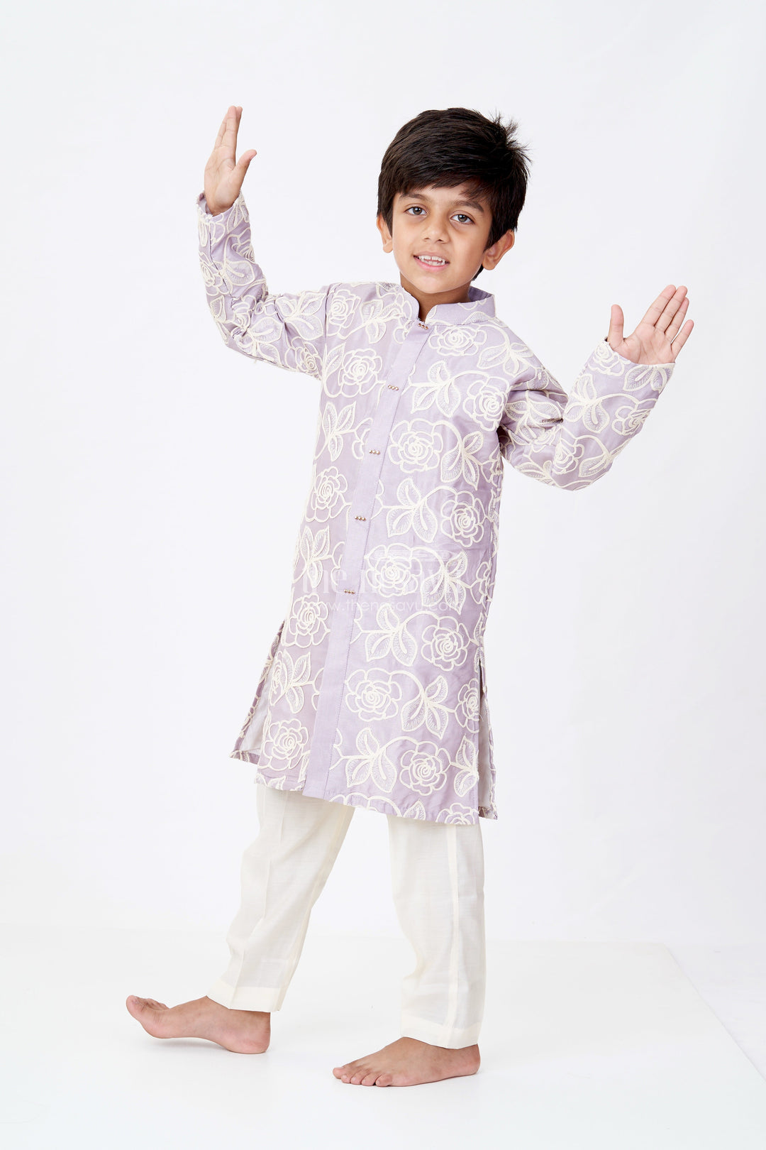 The Nesavu Boys Kurtha Set Boys Purple Kurtha in Silk Blend with Designer Embroidery and Elegant Traditional Look Nesavu 14 (6M) / Purple BES645A-14 Nesavu Boys Purple Kurtha Silk Blend Designer Embroidery Traditional Charm