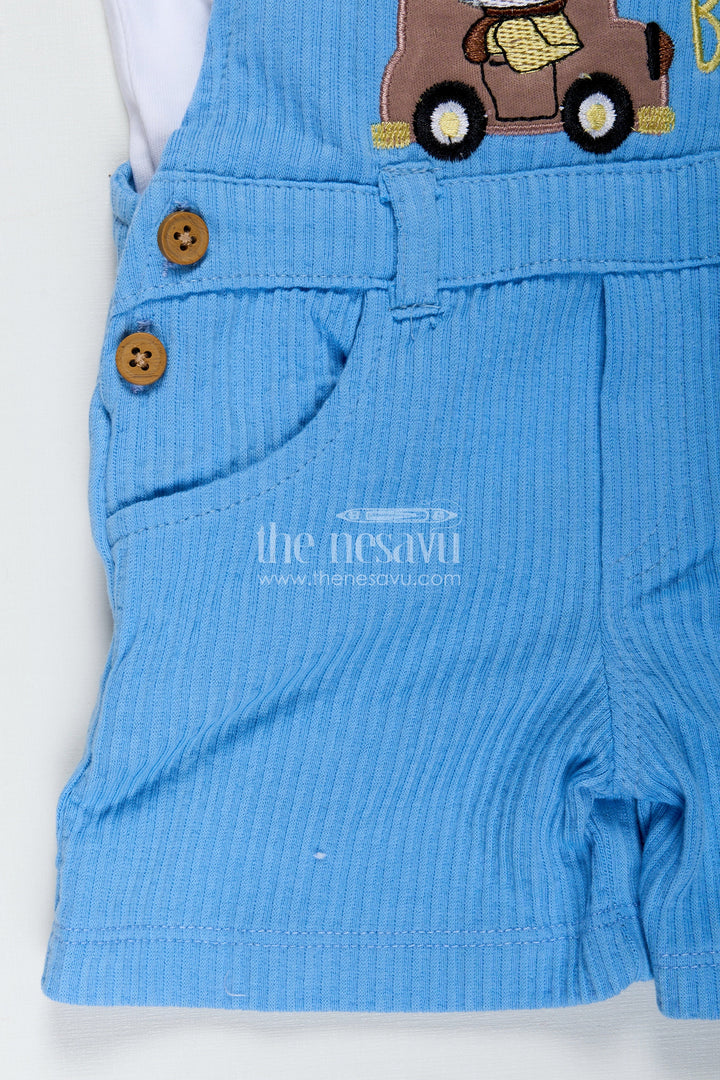 The Nesavu Boys Casual Set Boys Race Car Design Romper Set in Corduroy with Blue Overalls and Embellished Car Patch for Little Racers Nesavu Nesavu Boys Race Car Design Romper Set Cotton Corduroy Blue Overalls Car Patch Embellishment