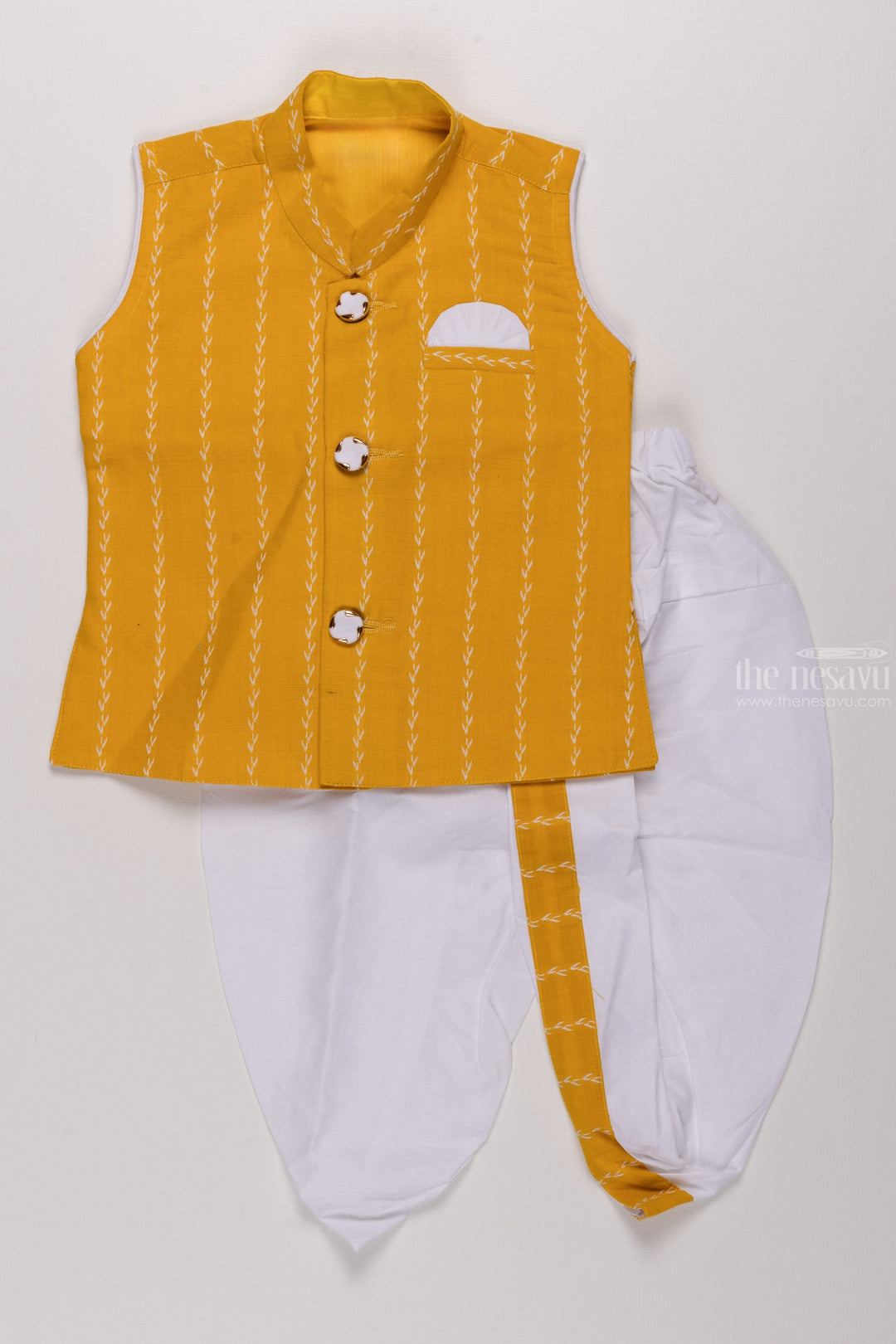 The Nesavu Boys Dothi Set Boys Radiant Yellow Kurta with Elegant Patterns & White Panchagajam Nesavu 14 (6M) / Yellow / Cotton BES436B-14 Boys Yellow Ensemble | Patterned Kurta with White Panchagajam | The Nesavu