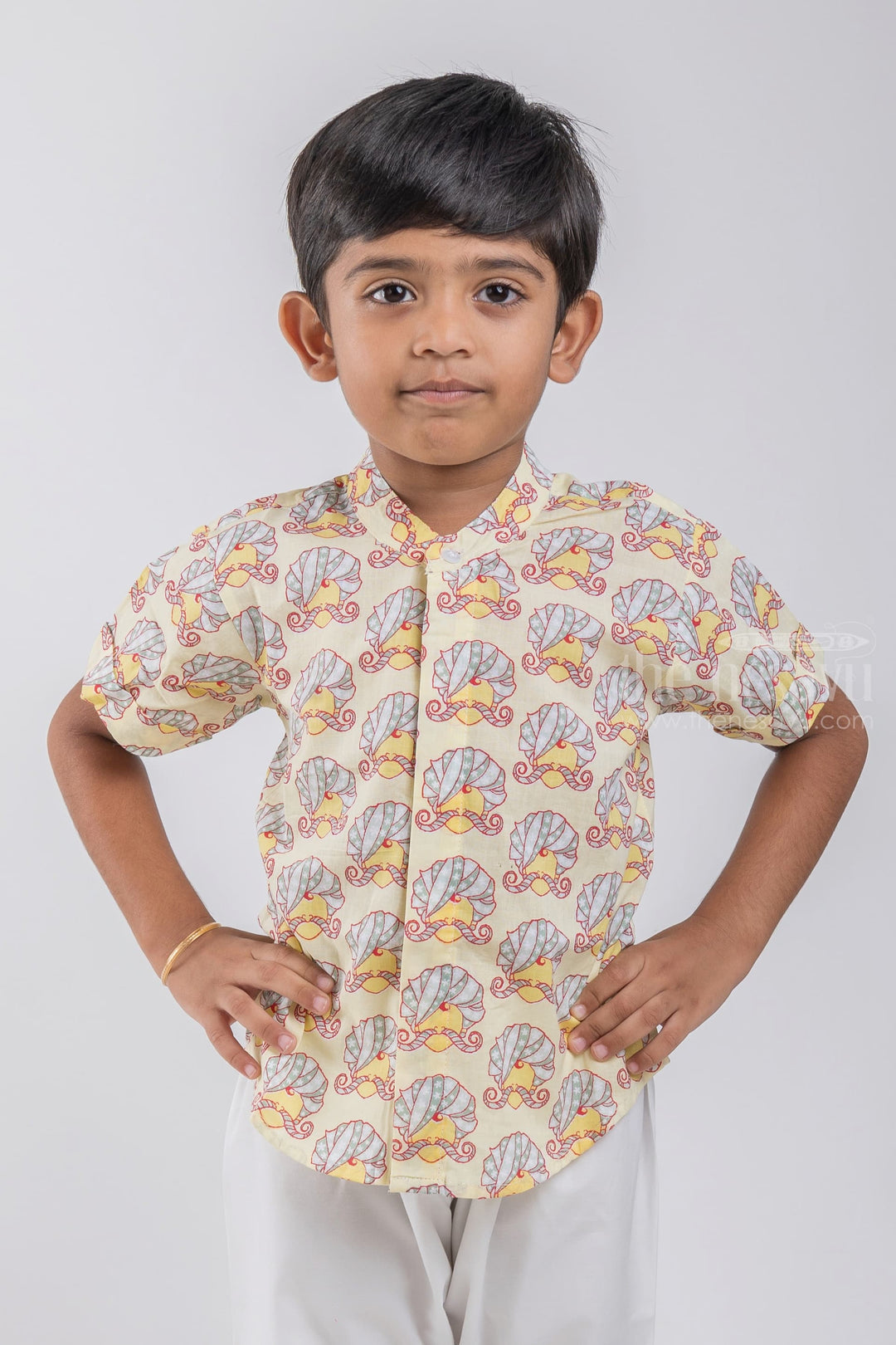 The Nesavu Boys Cotton Shirt Boys Rajasthani Printed Yellow Cotton Shirt By The Nesavu psr silks Nesavu 14 (6M) / Yellow / Cotton BS045C