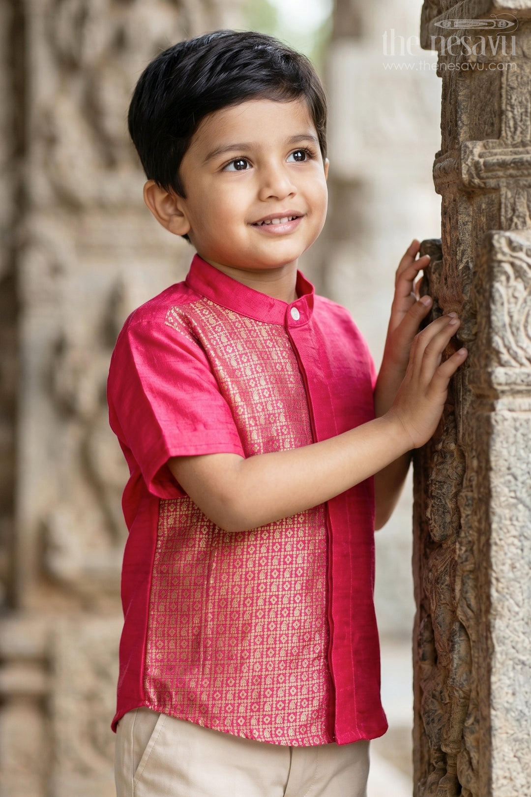 The Nesavu Boys Silk Shirt Boys Raw Silk Shirt for Cultural Events and Festive Celebrations Nesavu 16 (1Y) / Red / Raw Silk BS524A-16 Nesavu Boys Raw Silk Shirt With Designer Jacquard Panel For Festive And Cultural Occasions