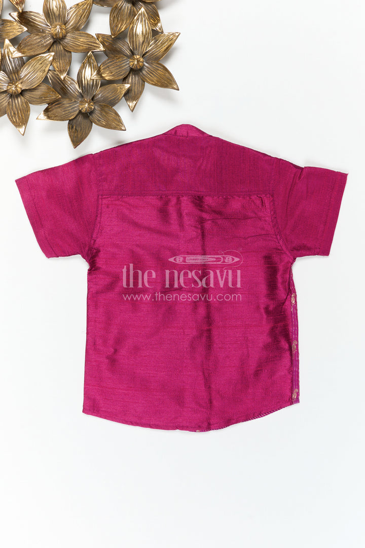 The Nesavu Boys Silk Shirt Boys Raw Silk Shirt for Festive Celebrations and Traditional Photoshoots Nesavu Nesavu Boys Raw Silk Shirt With Bird Motif Jacquard Panel For Festive Celebrations