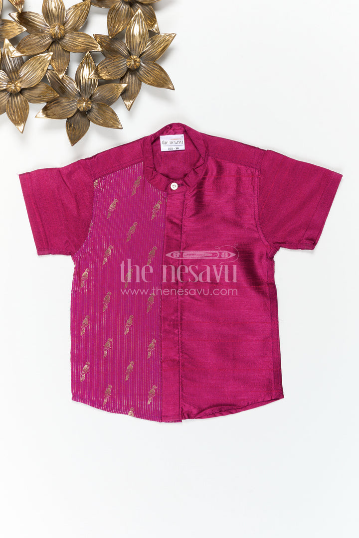 The Nesavu Boys Silk Shirt Boys Raw Silk Shirt for Festive Celebrations and Traditional Photoshoots Nesavu Nesavu Boys Raw Silk Shirt With Bird Motif Jacquard Panel For Festive Celebrations