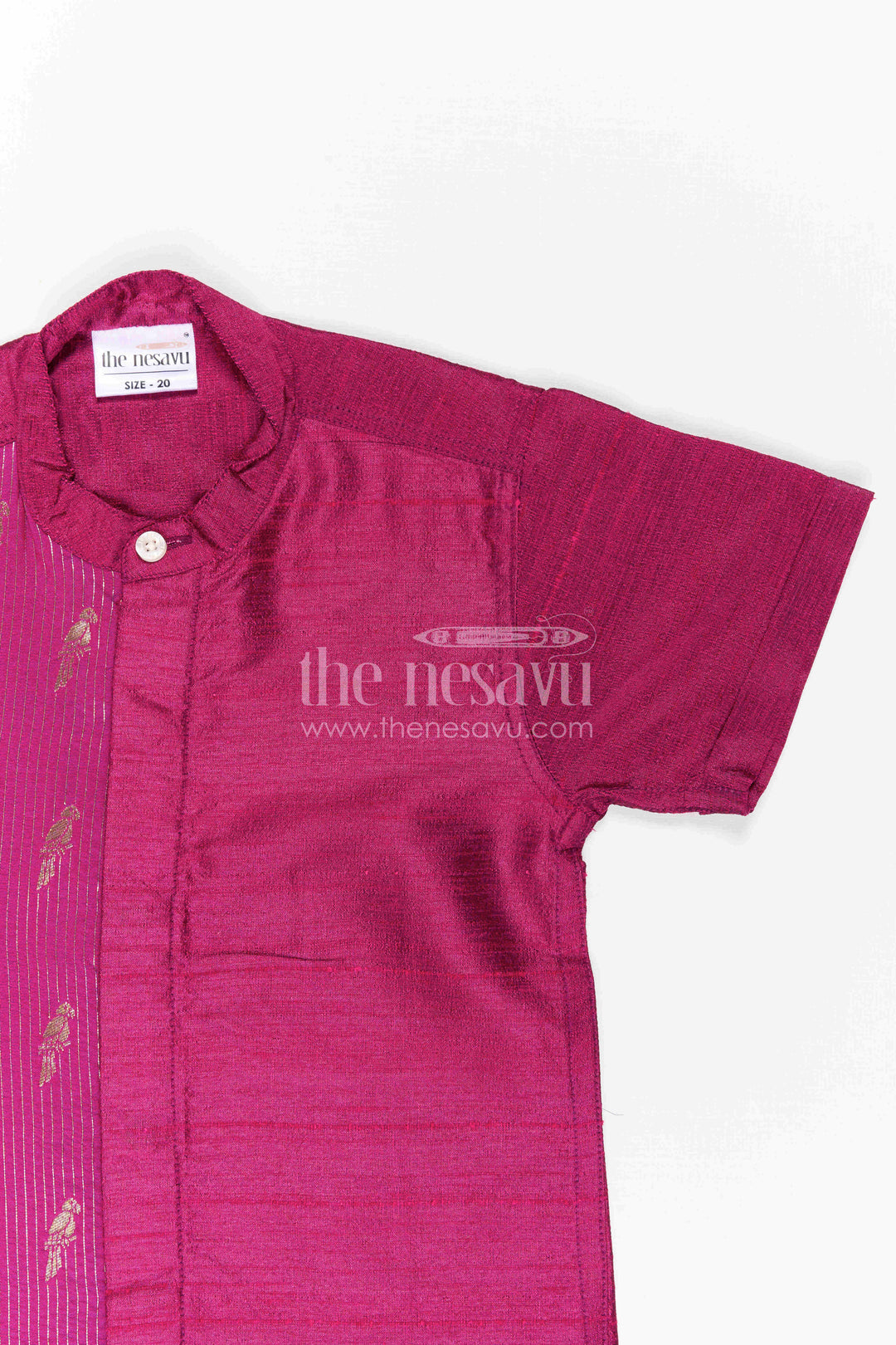 The Nesavu Boys Silk Shirt Boys Raw Silk Shirt for Festive Celebrations and Traditional Photoshoots Nesavu Nesavu Boys Raw Silk Shirt With Bird Motif Jacquard Panel For Festive Celebrations