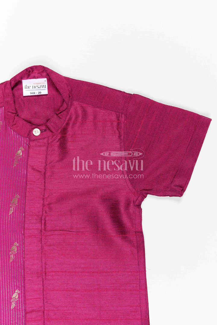 The Nesavu Boys Silk Shirt Boys Raw Silk Shirt for Festive Celebrations and Traditional Photoshoots Nesavu Nesavu Boys Raw Silk Shirt With Bird Motif Jacquard Panel For Festive Celebrations