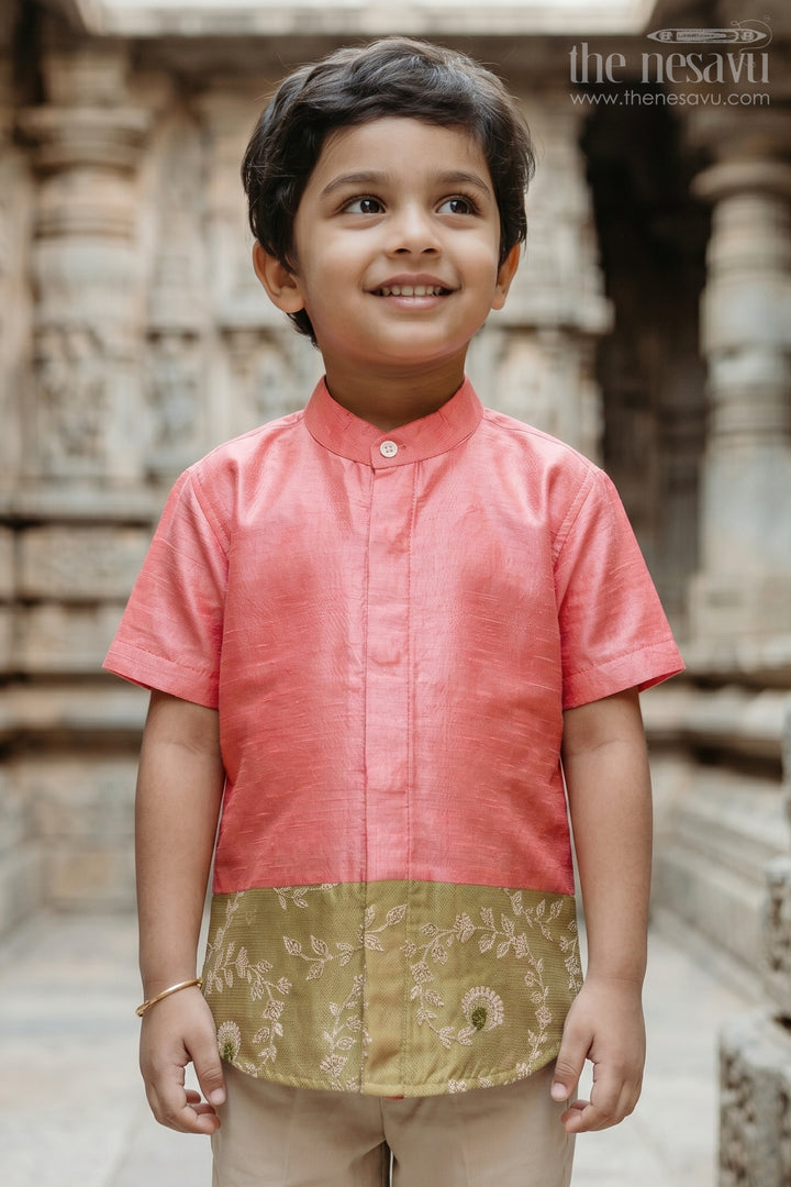 The Nesavu Boys Silk Shirt Boys Raw Silk Shirt for Festive Family Functions and Cultural Celebrations Nesavu 16 (1Y) / Pink / Raw Silk BS518A-16 Nesavu Boys Raw Silk Shirt With Woven Floral Border For Festive And Traditional Occasions