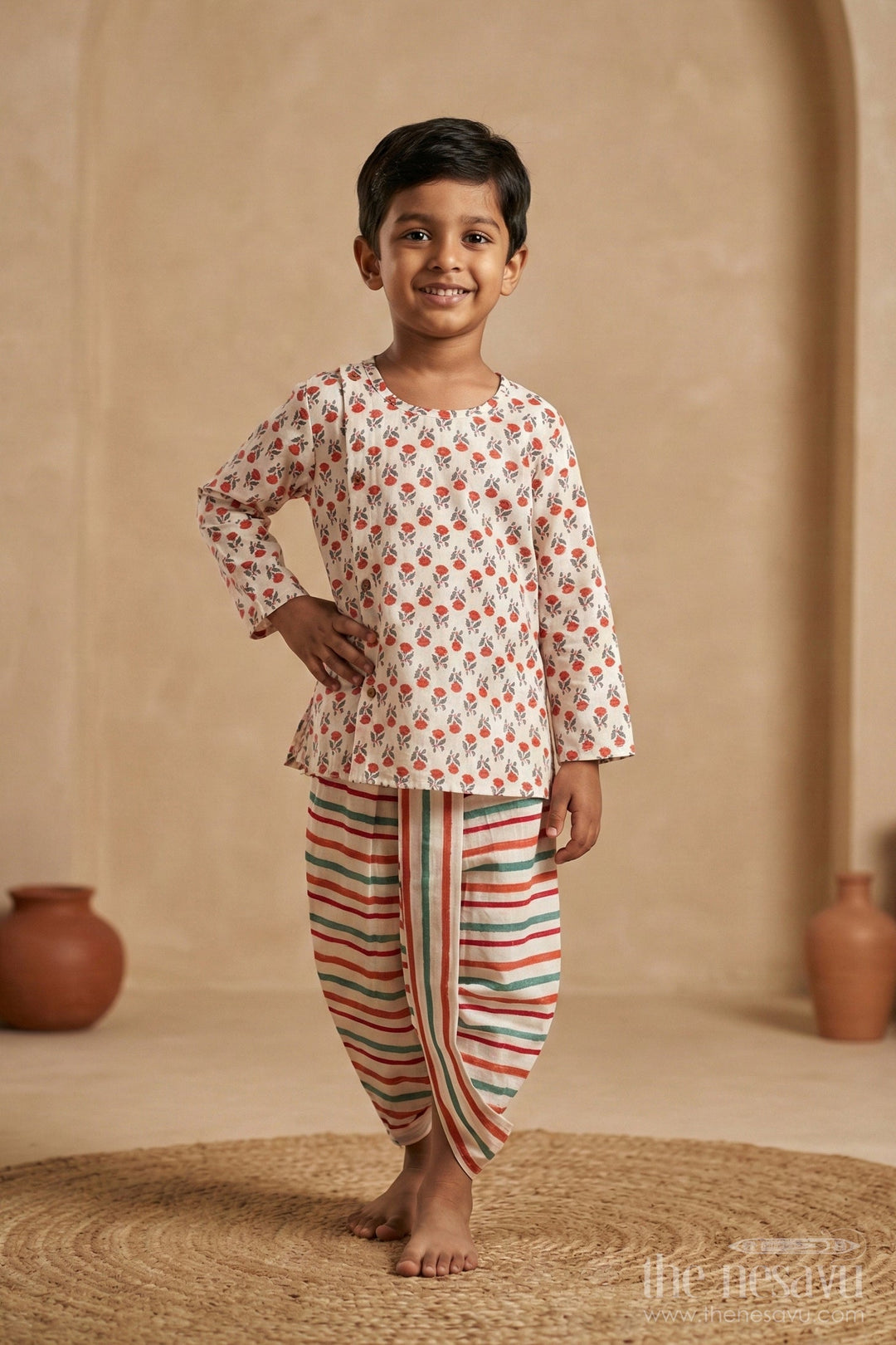 The Nesavu Boys Dothi Set Boys Readymade Dhoti Kurta in Red with Floral Printed Kurta and Striped Dhoti Nesavu 12 (3M) / Multicolor BES633B-12 Boys Red Floral Readymade Dhoti Kurta Striped Multicolor Dhoti | The Nesavu