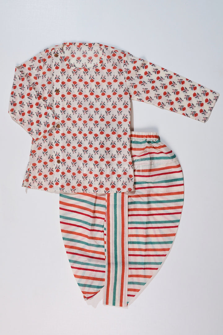 The Nesavu Boys Dothi Set Boys Readymade Dhoti Kurta in Red with Floral Printed Kurta and Striped Dhoti Nesavu 12 (3M) / Multicolor BES633B-12 Nesavu Boys Red Floral Readymade Dhoti Kurta Striped Multicolor Dhoti