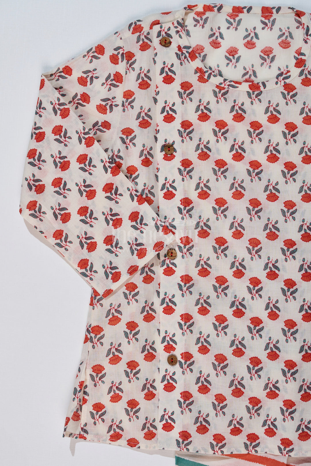The Nesavu Boys Dothi Set Boys Readymade Dhoti Kurta in Red with Floral Printed Kurta and Striped Dhoti Nesavu Nesavu Boys Red Floral Readymade Dhoti Kurta Striped Multicolor Dhoti