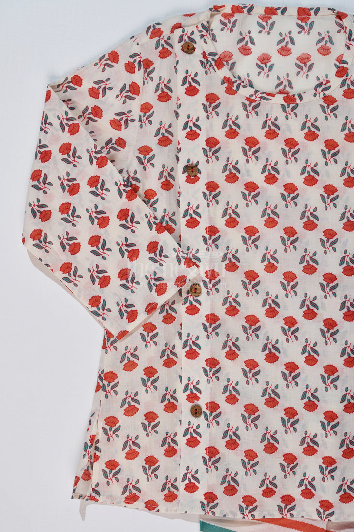 The Nesavu Boys Dothi Set Boys Readymade Dhoti Kurta in Red with Floral Printed Kurta and Striped Dhoti Nesavu Nesavu Boys Red Floral Readymade Dhoti Kurta Striped Multicolor Dhoti
