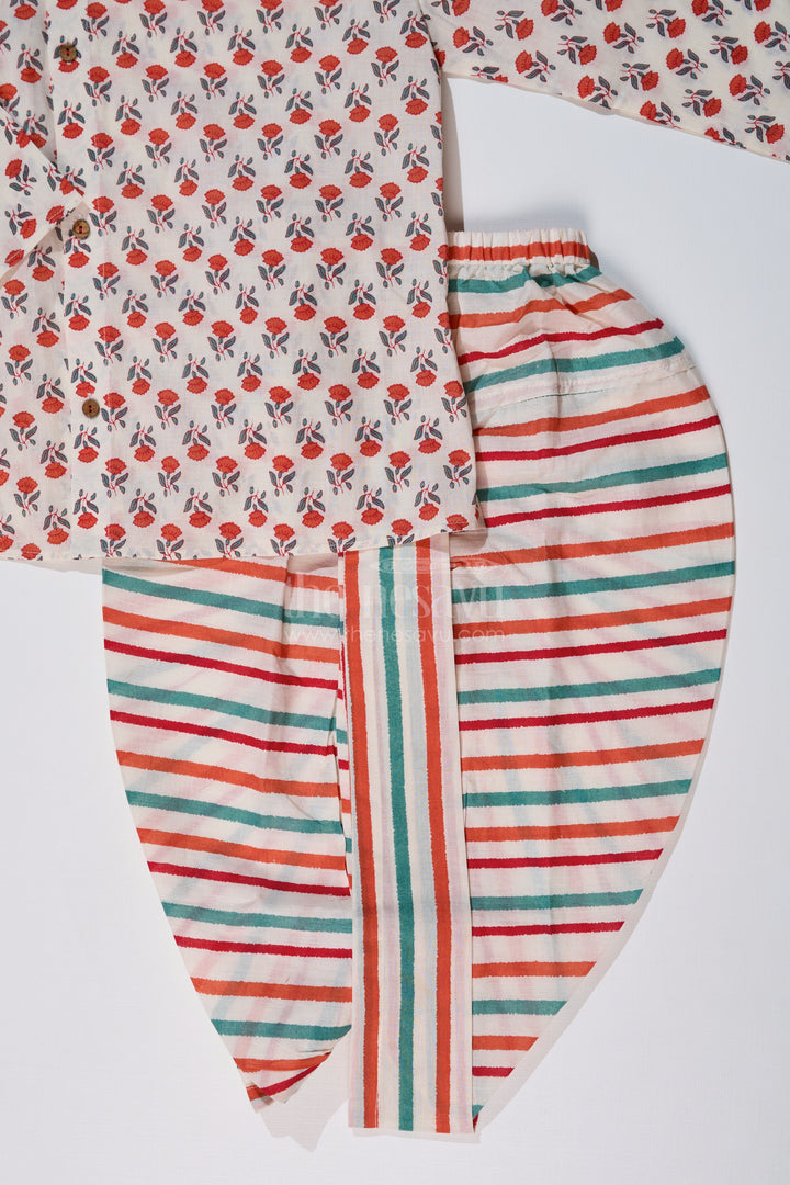 The Nesavu Boys Dothi Set Boys Readymade Dhoti Kurta in Red with Floral Printed Kurta and Striped Dhoti Nesavu Nesavu Boys Red Floral Readymade Dhoti Kurta Striped Multicolor Dhoti