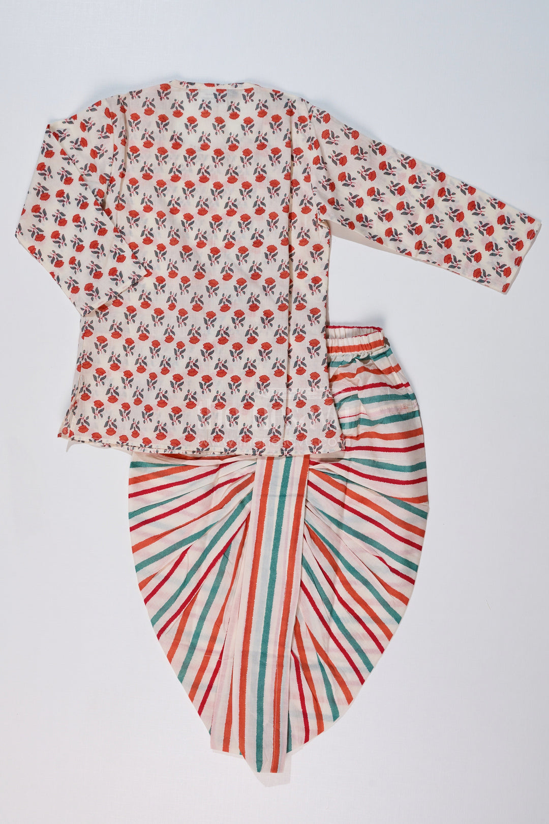 The Nesavu Boys Dothi Set Boys Readymade Dhoti Kurta in Red with Floral Printed Kurta and Striped Dhoti Nesavu Nesavu Boys Red Floral Readymade Dhoti Kurta Striped Multicolor Dhoti