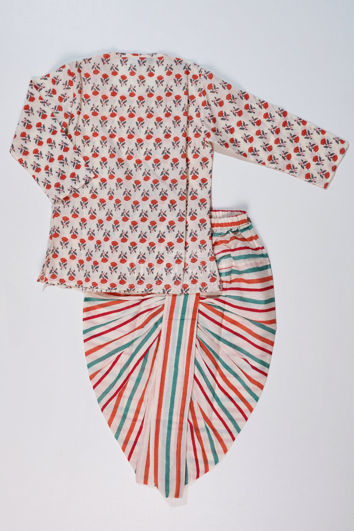 The Nesavu Boys Dothi Set Boys Readymade Dhoti Kurta in Red with Floral Printed Kurta and Striped Dhoti Nesavu Nesavu Boys Red Floral Readymade Dhoti Kurta Striped Multicolor Dhoti