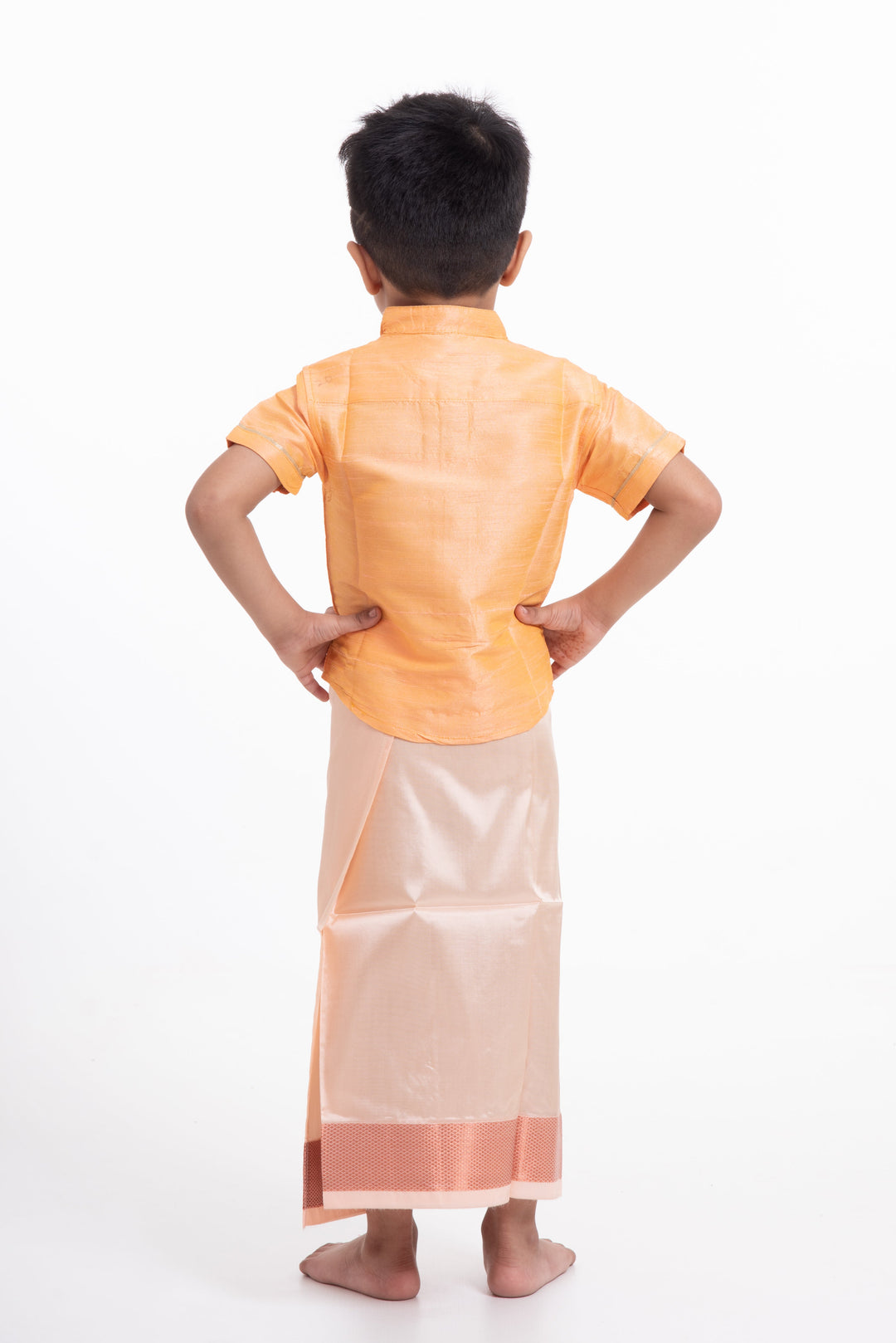 The Nesavu Boys Vesti Boys Readymade Silk Dhoti in Beige with Copper Stripes for Special Occasions Nesavu Buy Boys Silk Dhoti Online | The Nesavu