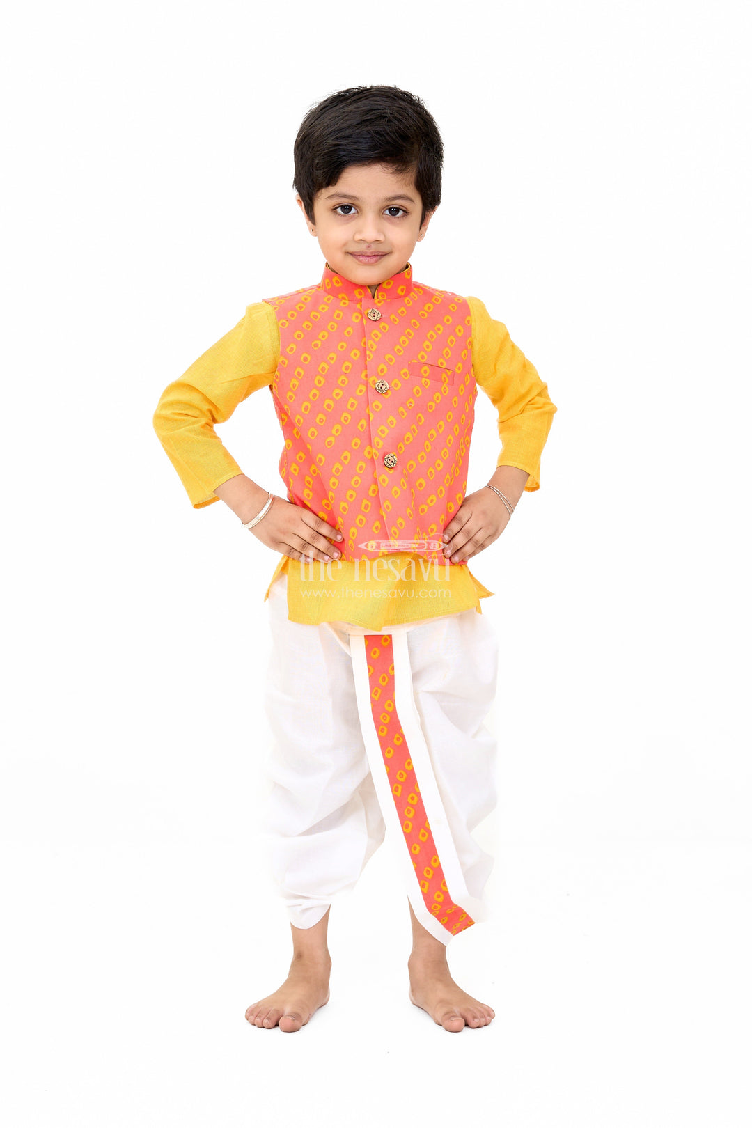 The Nesavu Boys Dothi Set Boys Red and Yellow Wedding Kurta Set with Embroidered Nehru Jacket and Traditional Dhoti Nesavu 12 (3M) / Yellow BES626A-12 Nesavu Boys Red Yellow Wedding Kurta Set Embroidered Nehru Jacket Traditional Dhoti