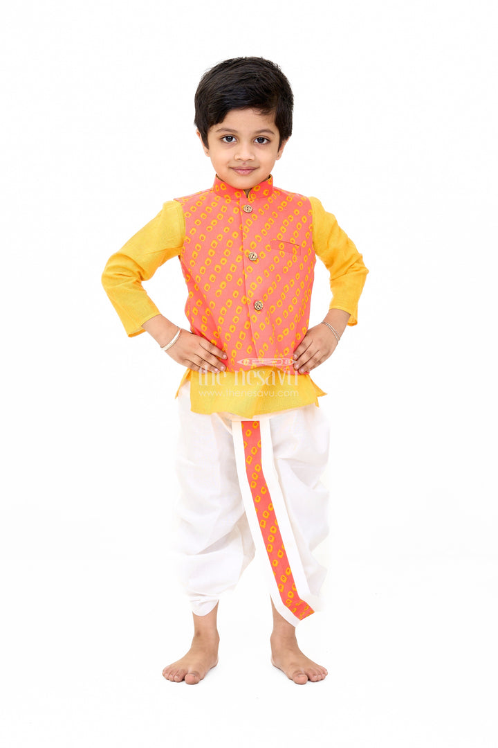 The Nesavu Boys Dothi Set Boys Red and Yellow Wedding Kurta Set with Embroidered Nehru Jacket and Traditional Dhoti Nesavu 12 (3M) / Yellow BES626A-12 Nesavu Boys Red Yellow Wedding Kurta Set Embroidered Nehru Jacket Traditional Dhoti
