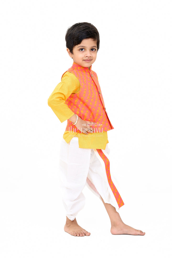The Nesavu Boys Dothi Set Boys Red and Yellow Wedding Kurta Set with Embroidered Nehru Jacket and Traditional Dhoti Nesavu Nesavu Boys Red Yellow Wedding Kurta Set Embroidered Nehru Jacket Traditional Dhoti
