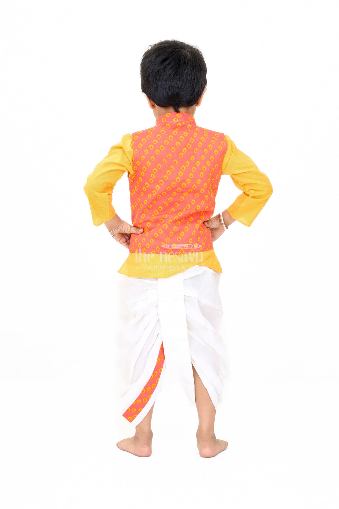 The Nesavu Boys Dothi Set Boys Red and Yellow Wedding Kurta Set with Embroidered Nehru Jacket and Traditional Dhoti Nesavu Nesavu Boys Red Yellow Wedding Kurta Set Embroidered Nehru Jacket Traditional Dhoti