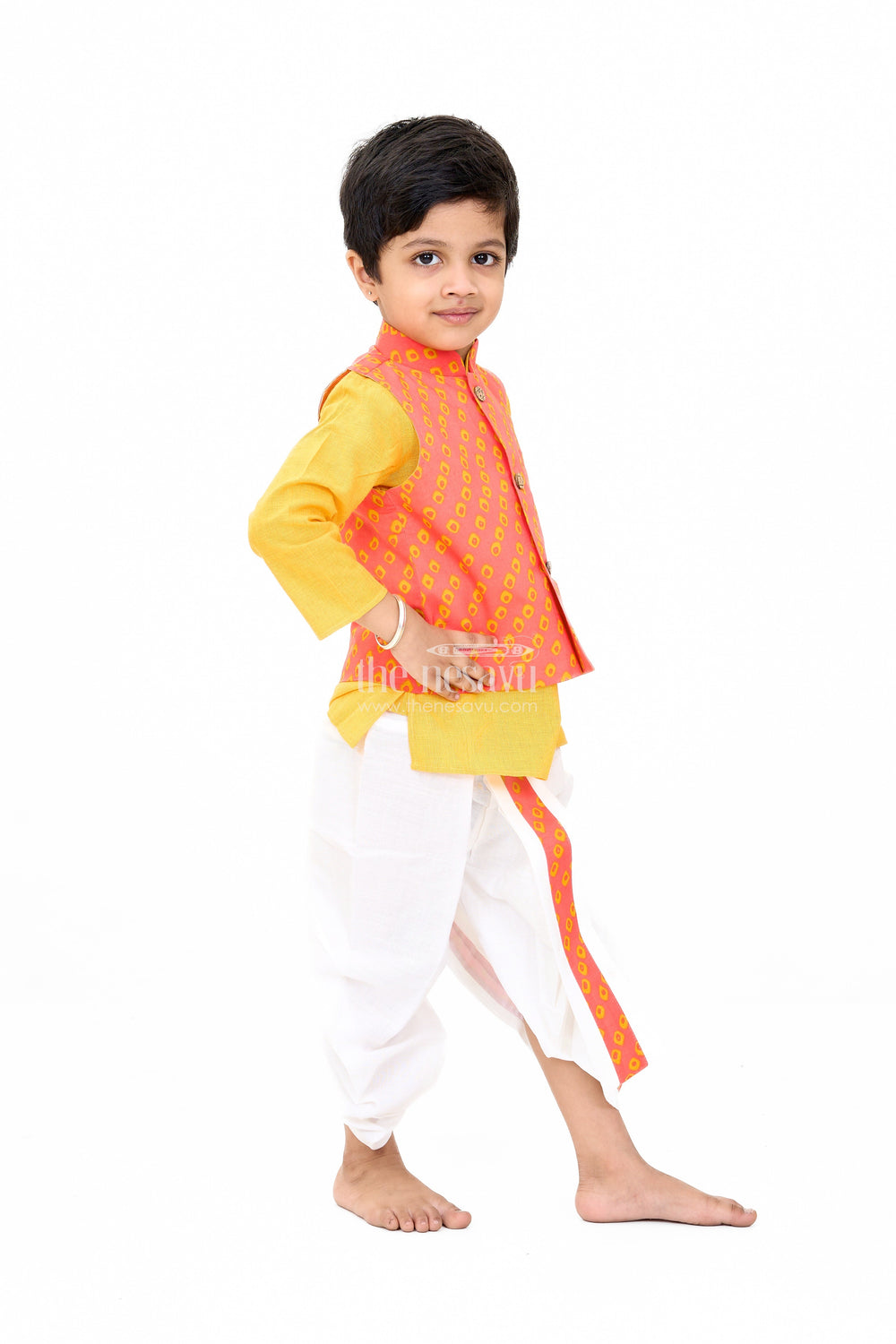 The Nesavu Boys Dothi Set Boys Red and Yellow Wedding Kurta Set with Embroidered Nehru Jacket and Traditional Dhoti Nesavu Nesavu Boys Red Yellow Wedding Kurta Set Embroidered Nehru Jacket Traditional Dhoti