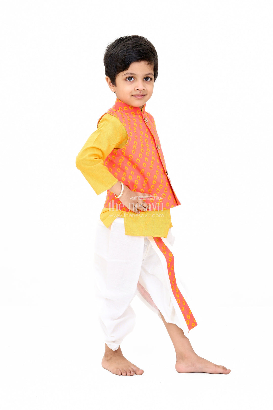 The Nesavu Boys Dothi Set Boys Red and Yellow Wedding Kurta Set with Embroidered Nehru Jacket and Traditional Dhoti Nesavu Nesavu Boys Red Yellow Wedding Kurta Set Embroidered Nehru Jacket Traditional Dhoti